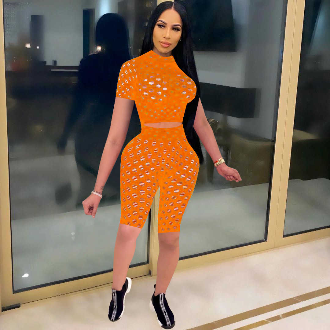 Sexy See Through Hollow Out Bodycon Tracksuit Summer Short Sleeve Pullover Top+Elastic High Waist Knee-length Pants 2 Piece Sets 210604