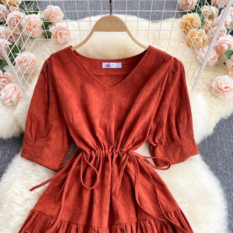DEAT Women Drawstring Ruffles Dress V-Neck Short Sleeve Arrivals Lady Temperament Fashion Spring Summer 11D599 210709