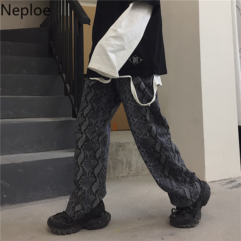 Neploe Autumn Vintage Pants Women Elastic Waist Harajuku Snake Print Trouse Female Man Streetwear BF Style Long Pant 38977 201012
