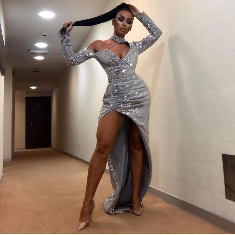 glitter sliver mermaid prom dresses dubai arabic sequins party evening dresses modern sexy side split custom made sweep train robe de marie