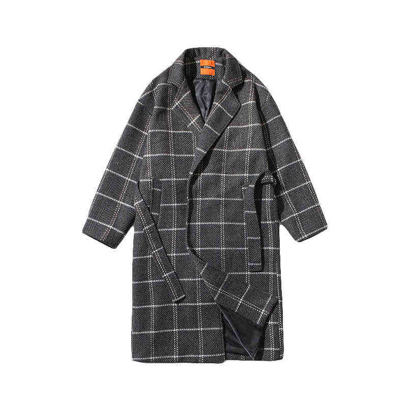 IEFB /men's wear autumn winter plaid print long coat Korean style trendy mid-length woolen coat couple bandage waist 9Y3829 211122