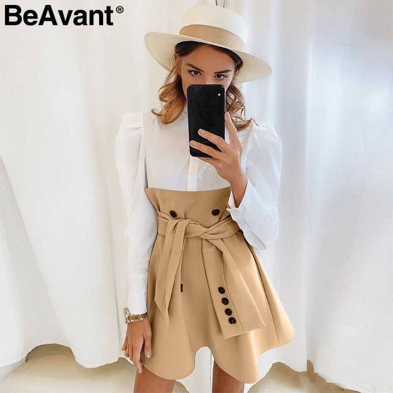 BeAvant Elegant patchwork office dress women Buttons sash belt autumn winter shirt dresses High waist puff sleeve vestidos robe 210709
