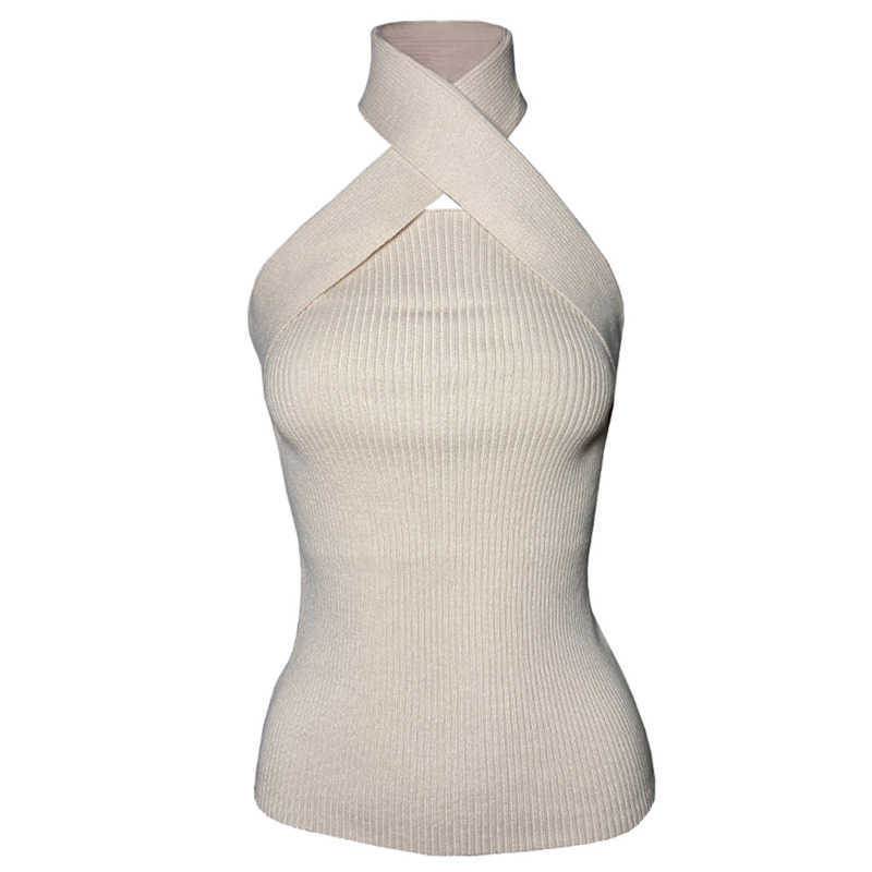 DEAT Spring Summer Arrivals Knitting Hanging Neck Off Wrapped Chest Off Shoulder Temperament Fashion Vest MZ676 210709