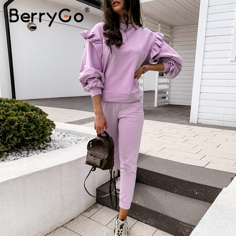 BerryGo Casual o neck women sweatshirt ladies tops Vintage ruffle purple sweatshirt long sleeve autumn pull femme tracksuit 201217