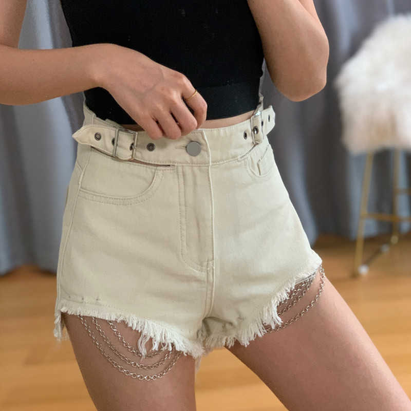 Sexy Fashion Washed Distressed Denim Shorts Women Summer Chain Decoration Short Pants Elegant All-match Jeans Female 210525