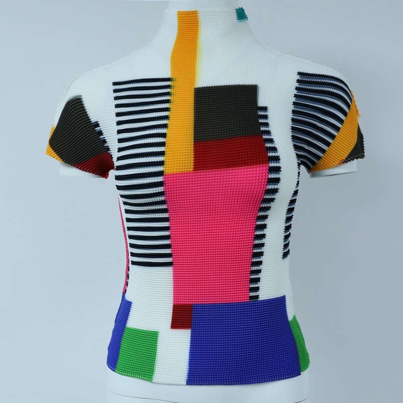 LANMREM color block patchwork short sleeve pleated t-shirt for women 2021 summer new Turtleneck slim trend elastic tops YJ772 210302
