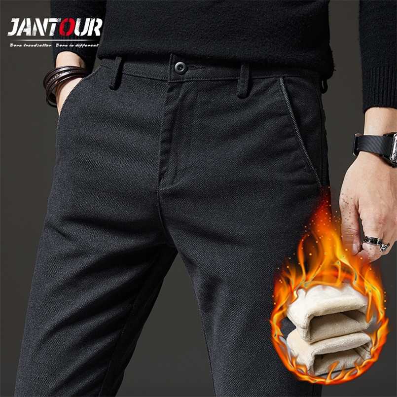 Pants Men Winter Fleece Casual Pants Men's Business Fashion Stretch Warm Velvet Black Gray Blue Trousers Big Size 28-38 211112
