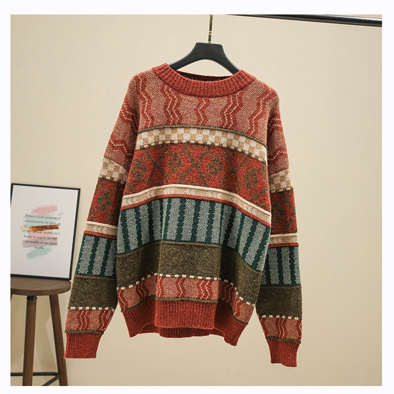 Autumn Winter Women's Sweater Nordic Style Round Neck Retro Jacquard Pullover Sweater New Loose Casual Knitted Sweaters LL298 210218