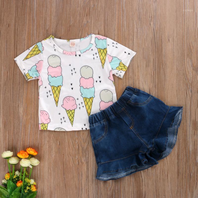 Baby Girl Summer Clothes Set Toddler Clothing Round Neck Short Sleeve Ice Cream Print Cotton T-shirt Tops+ Denim Ruffled Shorts, White
Baby Girl Summer Clothes Set Toddler Clothing Round Neck Short Sleeve Ice Cream Print Cotton T-shirt Tops+ Denim Ruffled Shorts, White
