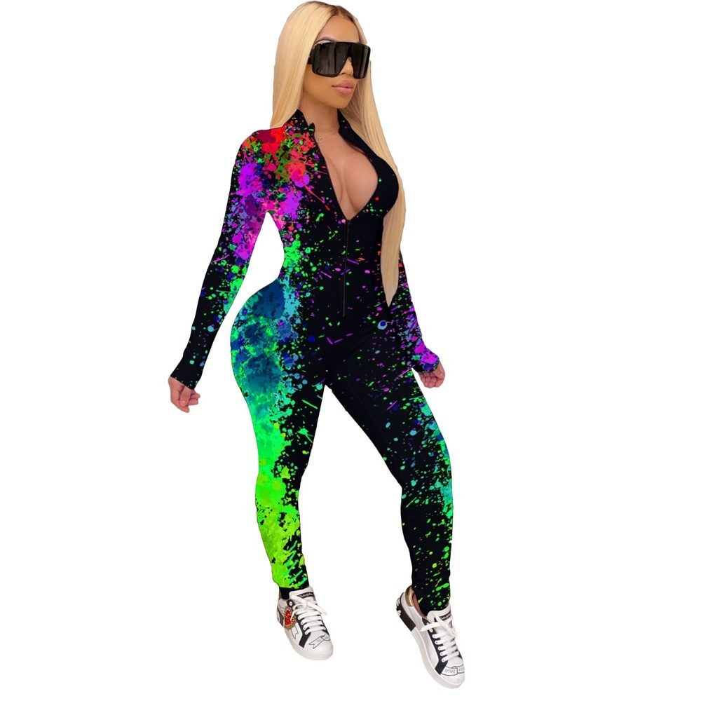 Women Long Sleeve Onesie Streetwear Splashed Ink Sexy Bodycon Jumpsuit Women Overalls Skinny Rompers Fall Fashion Clothing 201007