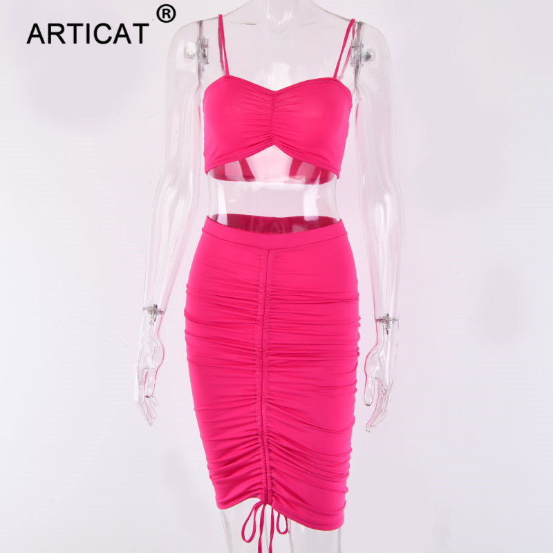 Articat Two Piece Sexy Pleated Party Dress Women Spaghetti Strap Backless Slinny Pencil Christmas Dress Casual Dress Vestidos 210309
