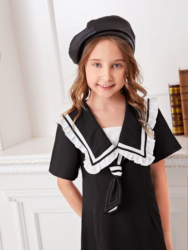 Girls Sailor Neck Tie Front Dress SHE