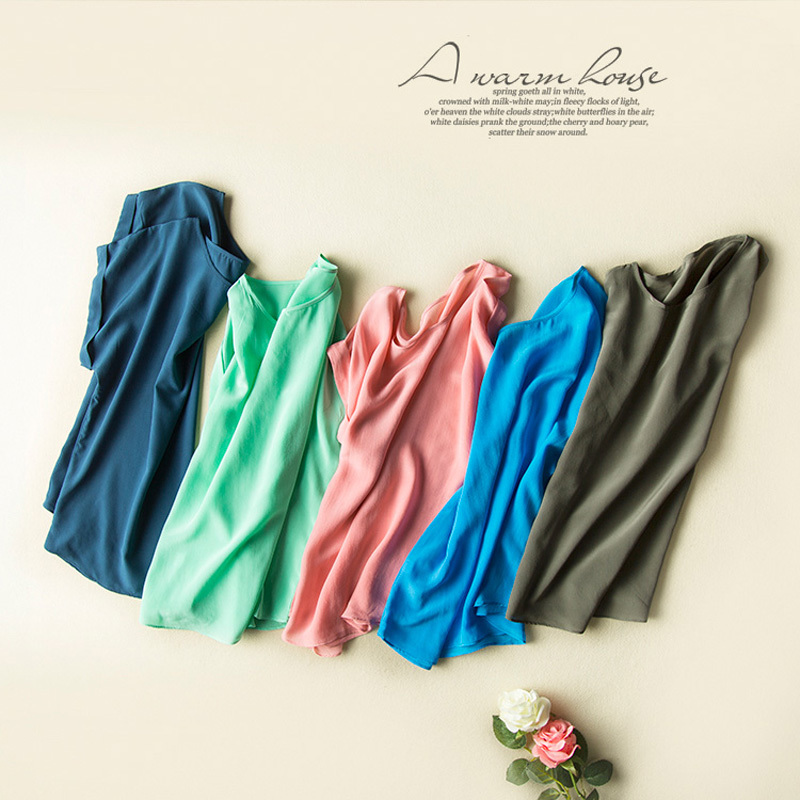 Women Real Silk T Shirt Short Bat sleeved Solid chiffon loose shirt 100% Natural silk Basic Top Plus size Summer bottoming 210306
