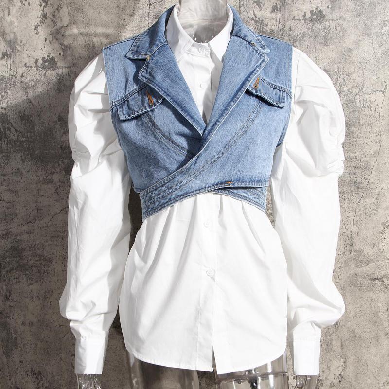 GetSpring Women Blouse Cotton White Shirt Retro Puff Sleeve Women Shirt With Irregular Denim Vest Loose Vintage Blouse Autumn 210225