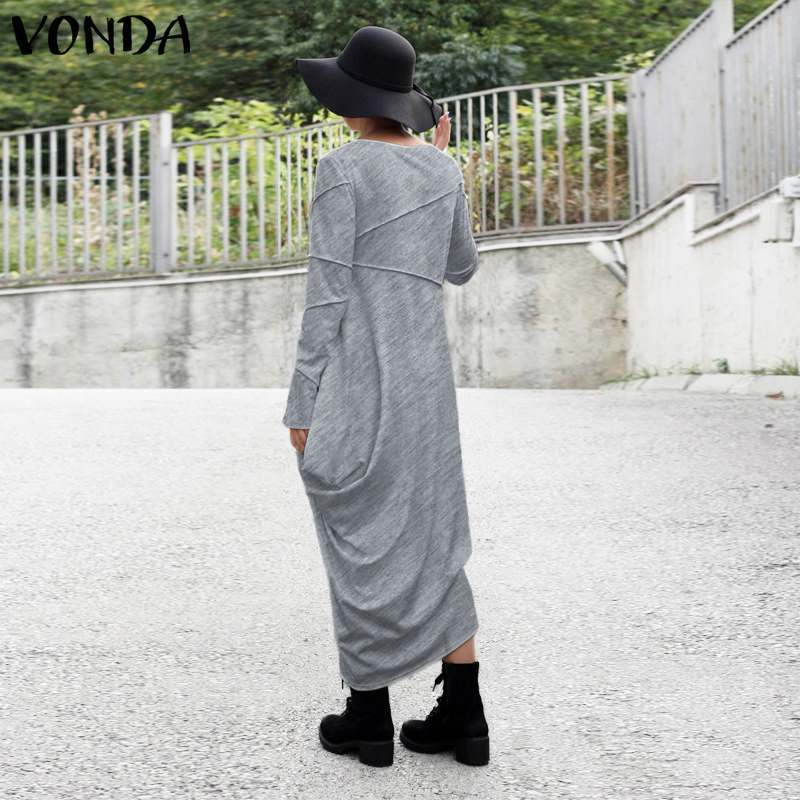 Asymmetrical Maxi Dress Women's Sundress Autumn Winter VONDA Pleated Long Sleeve Vestidos Female Robe Femme Oversized S-5XL 201008
