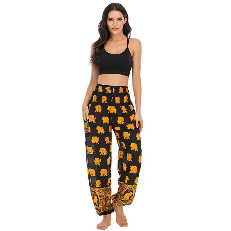 Bohemia Ladies Golden Elephant Printed High Waist Pants Thailand Elastici Jogger Woman Trouser Summer Thin Harem 210604