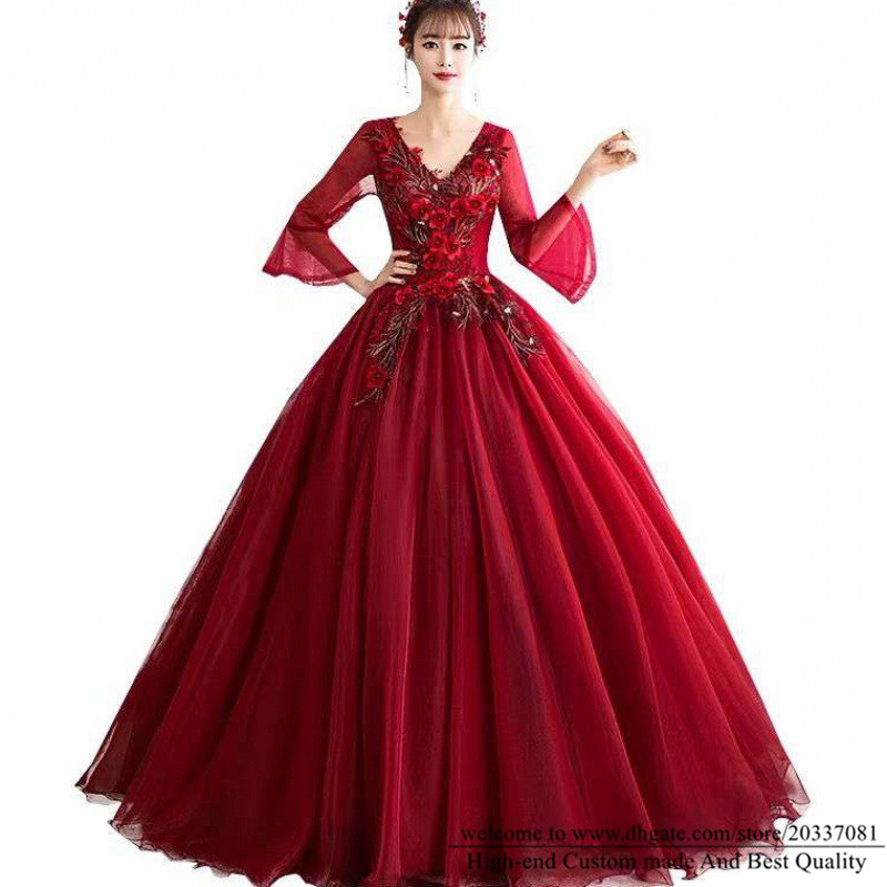 Quinceanera Dresses 2021 Wine Red 3/4 Long Sleeve Princess Party Prom Formal V-Neck Appliques Organza Ball Gown Lace Up Vestidos De 15 Anos Q04