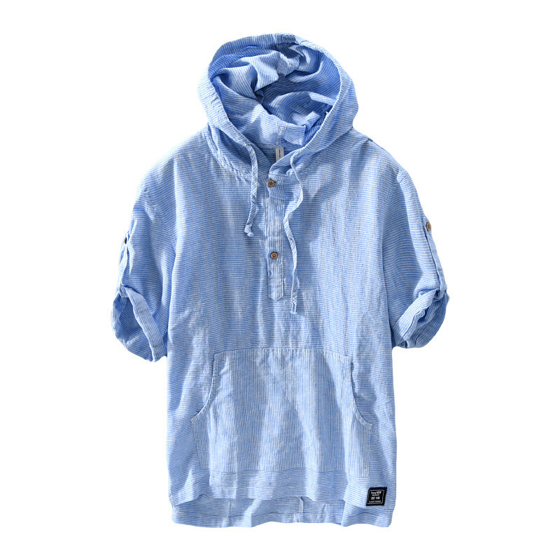 Summer Fashion Men Shirts Hooded Collar Half Sleeve Shirts Men Linen Cotton Fabric Japanese Style Casual Tee Shirt camisa hombre T200505
