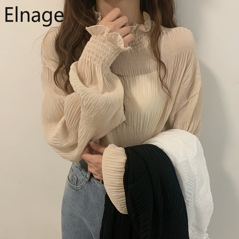 Elnage Spring New Korean Loose Half High Collar Bottoming Trumpet Long Sleeve Blouse with Lace Shirt for Women 5A176 210225