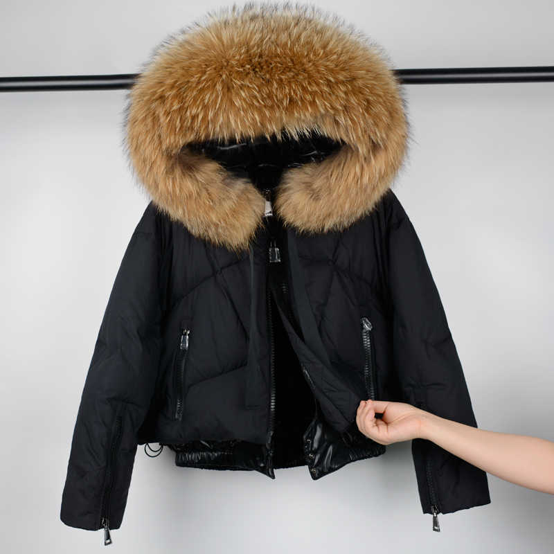 Janveny Real Raccoon Fur Hooded Women's Down Jacket Winter 90% Duck Down Coat Short Female Puffer Feather Parkas Outwear 210819