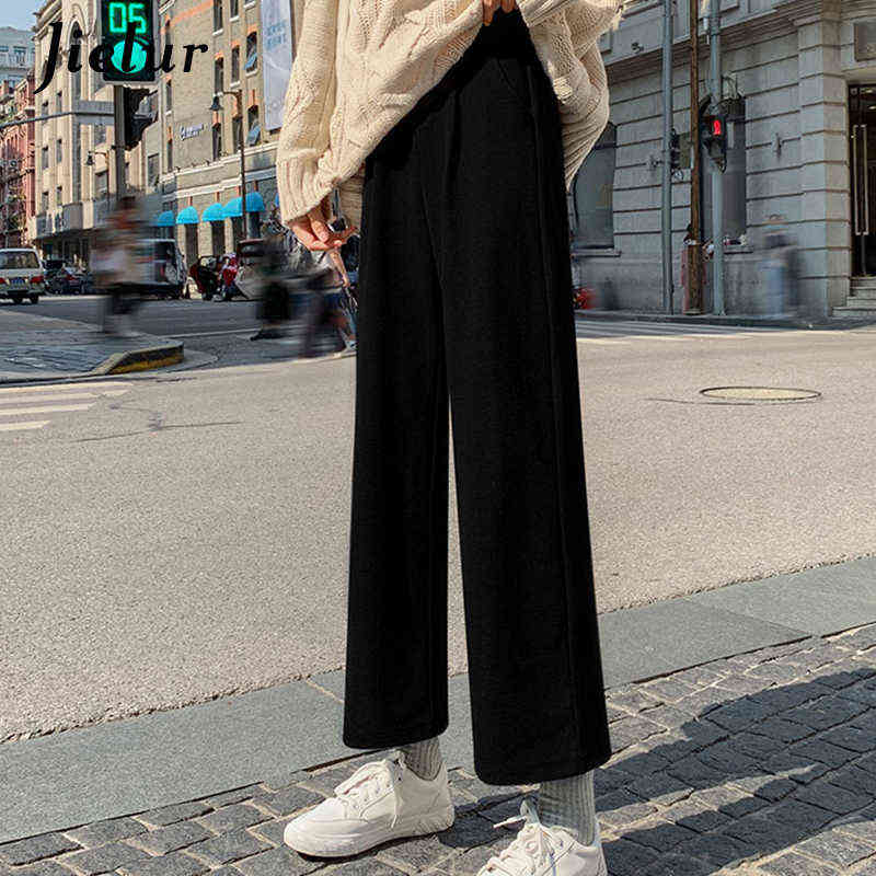 Jielur Korean Style Wide Leg Pants Women's Winter Loose Straight Female High Waist Fashion Black Woolen Trousers M-XXL 211115