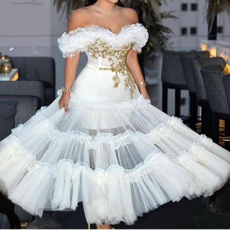 Amazing Puffy A-Line Evening Dresses Ruffles Pleats Ankle Length Ivory Prom Dress Gold Lace Appliqued Off Shoulder Party Vestidos De Festa Special Occ