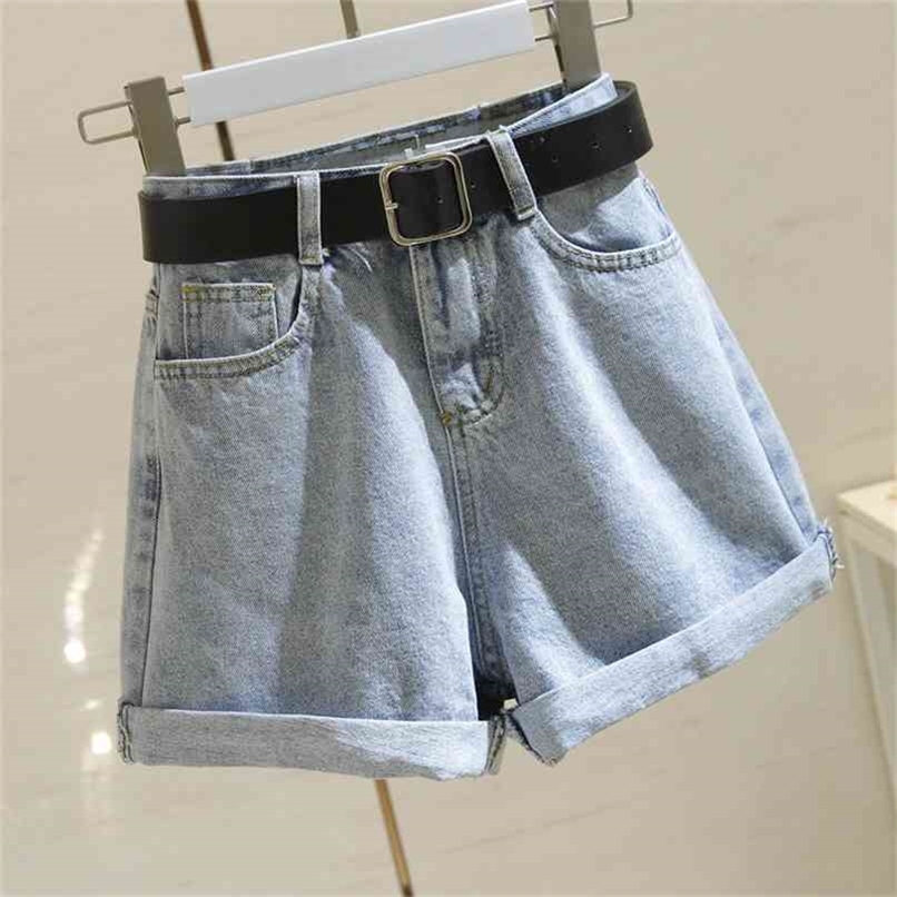 Ailegogo Streetwear High Waist Women Blue Denim Shorts With Belt Summer Casual Female Wide Leg Plus Size 2xl Jeans 210714