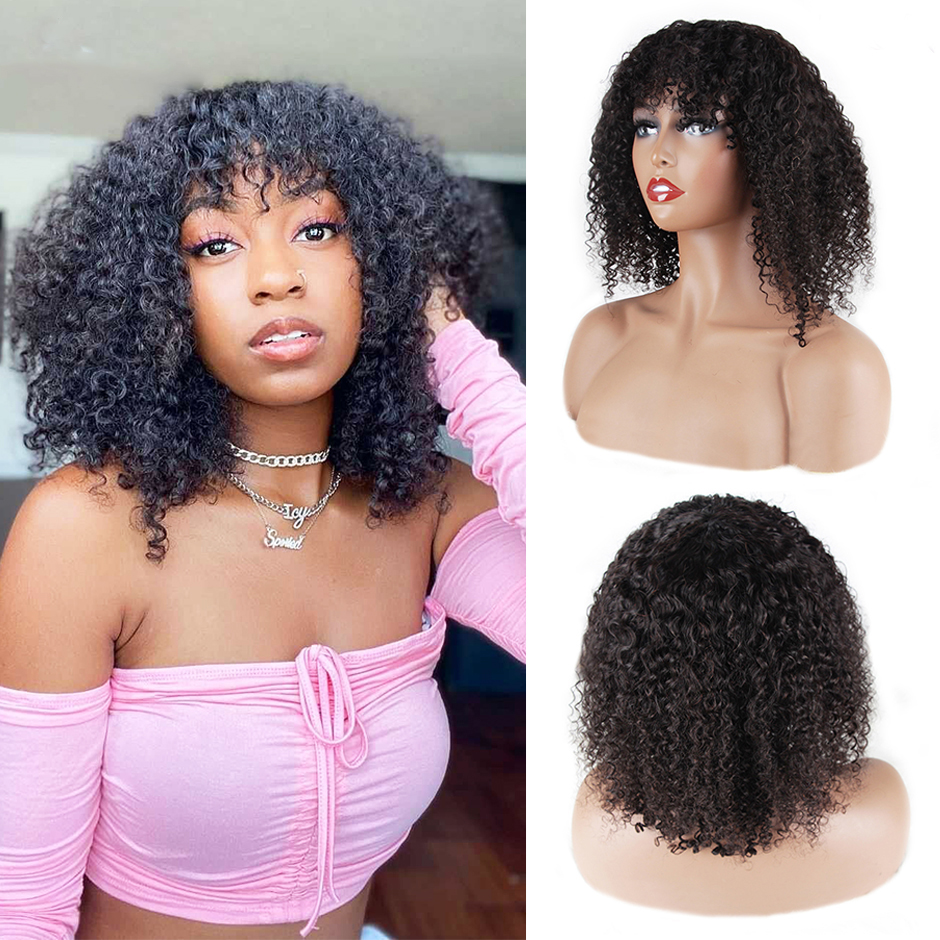 

Mongolian Kinky Curly Wig With Bangs Remy Human Hair Full Machine Made 150% density, Natural color