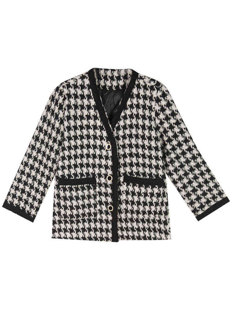 V Neck Tweed Coat Plaid Women Button Black Houndstooth Cardigan Basic Long Sleeve Blend Jacket Fashion Autumn Spring Winter 211130
