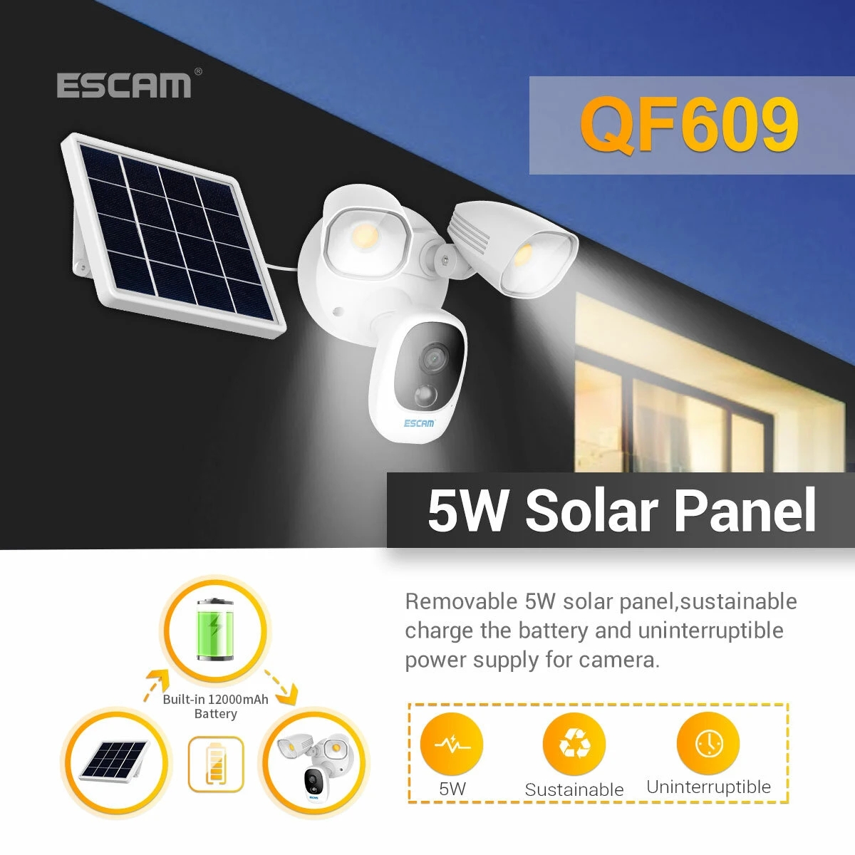 ESCAM QF609 Solar Powered Floodlight 1080P Wireless Battery 1000LM Floodlight Cloud Storage Camera With 12000mAh Rechargeable Batteries Colo