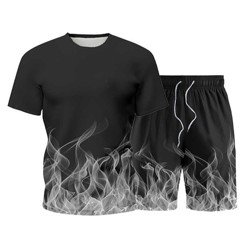 Summer Men's Sets Mens 2 Piece Outfit Sweat Suits Men Flame 3D Print T-Shirt+Shorts Male Sportswear Casual Fashion Tracksuit 210603