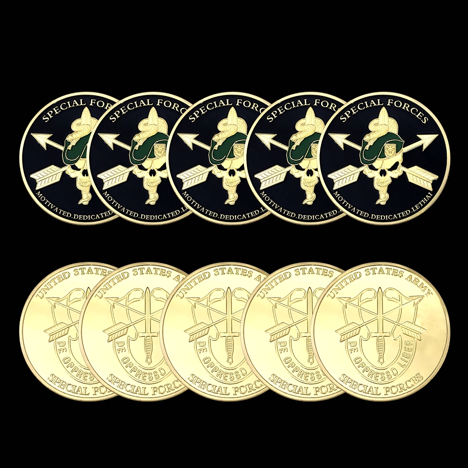 5pcs Non Magnetic Crafts US Army Special Forces Green Beret Motivated Dedicated Lethal 24k Gold Plated Challenge Coin