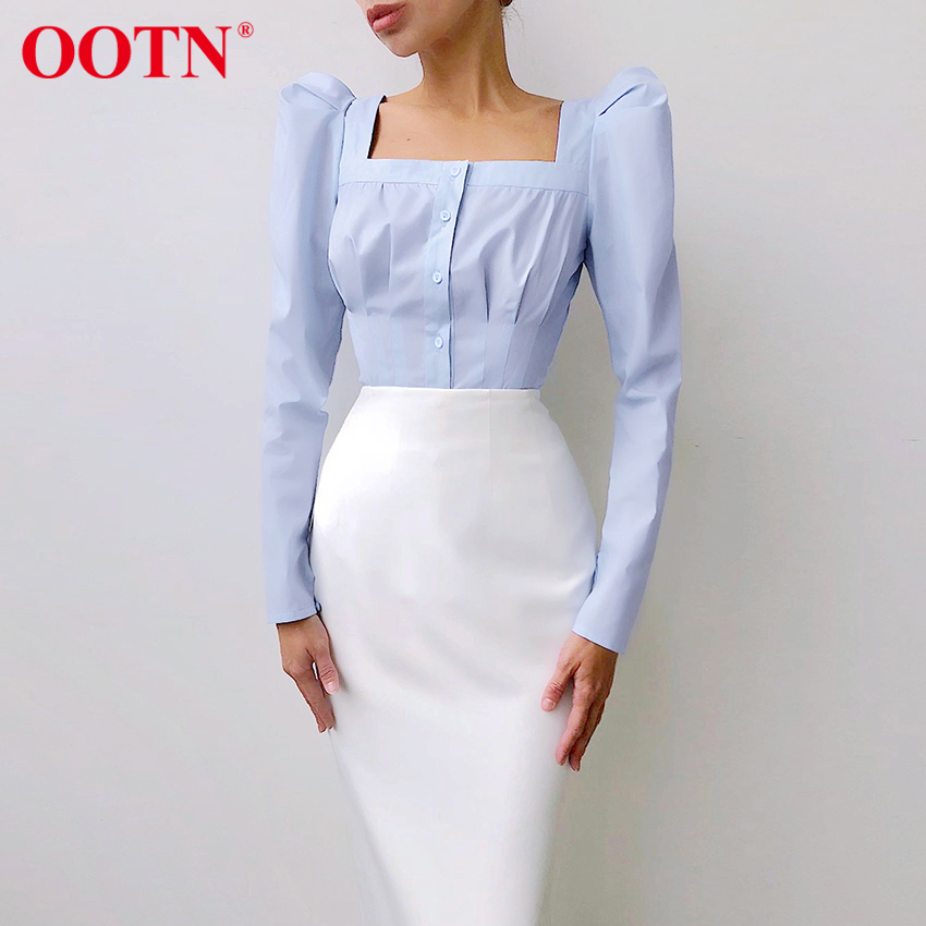 OOTN Square Neck White Shirt Female Pleated Tunic Women Blouse Elegant Puff Sleeve Top Black Office Ladies Blouse Cotton Blue 210225