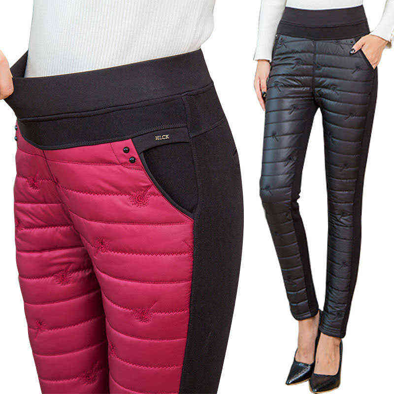 Winter Embroidery Trousers Women Fashion Down Cotton Warm Velvet Pants Mom Snow Wear Thick Straight Large Size Sweatpants 211115