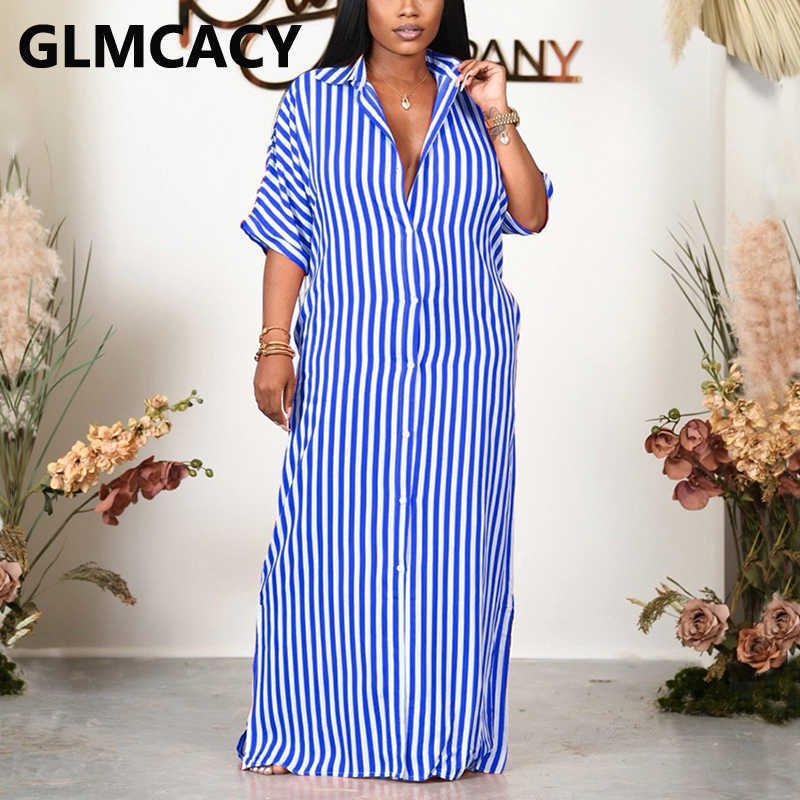 Short Sleeve Striped Button Down Maxi Dress Casual Loose Dress 210702