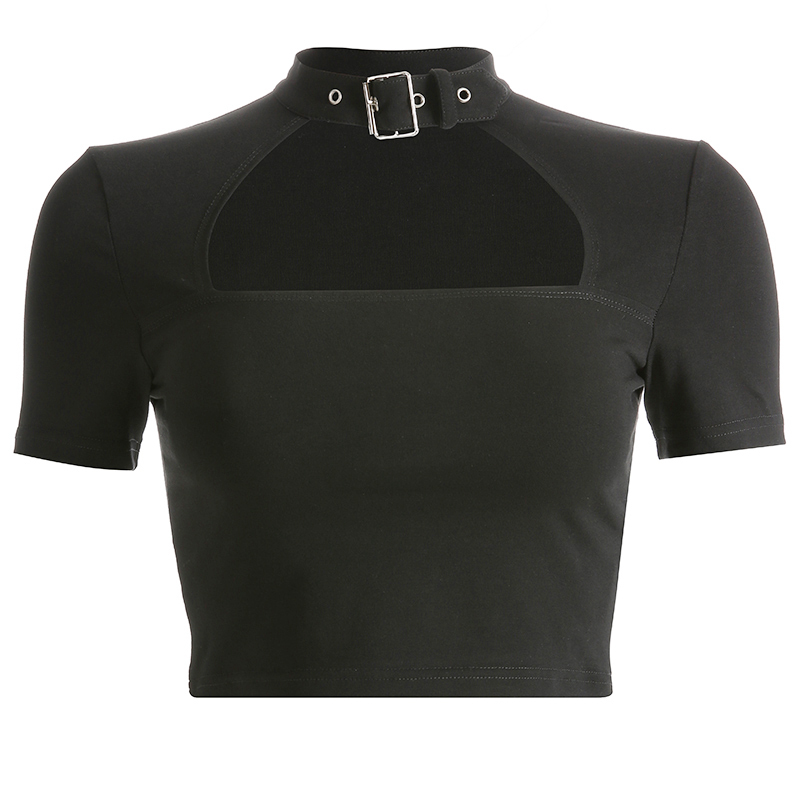 Rockmore Buckle Halterneck Sexy Womens T Shirt Harajuku Long Sleeve Crop Top Streetwear Basic Tshirt Women Tight Tees Shirts 210302