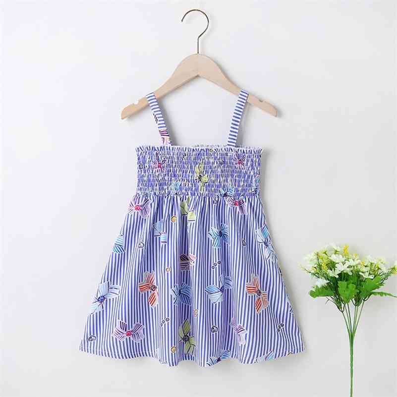 Summer Girls Dress Strap Print Bow Pleated Bodycon Cute Style Vestidos 18M-6T 210629, Blue