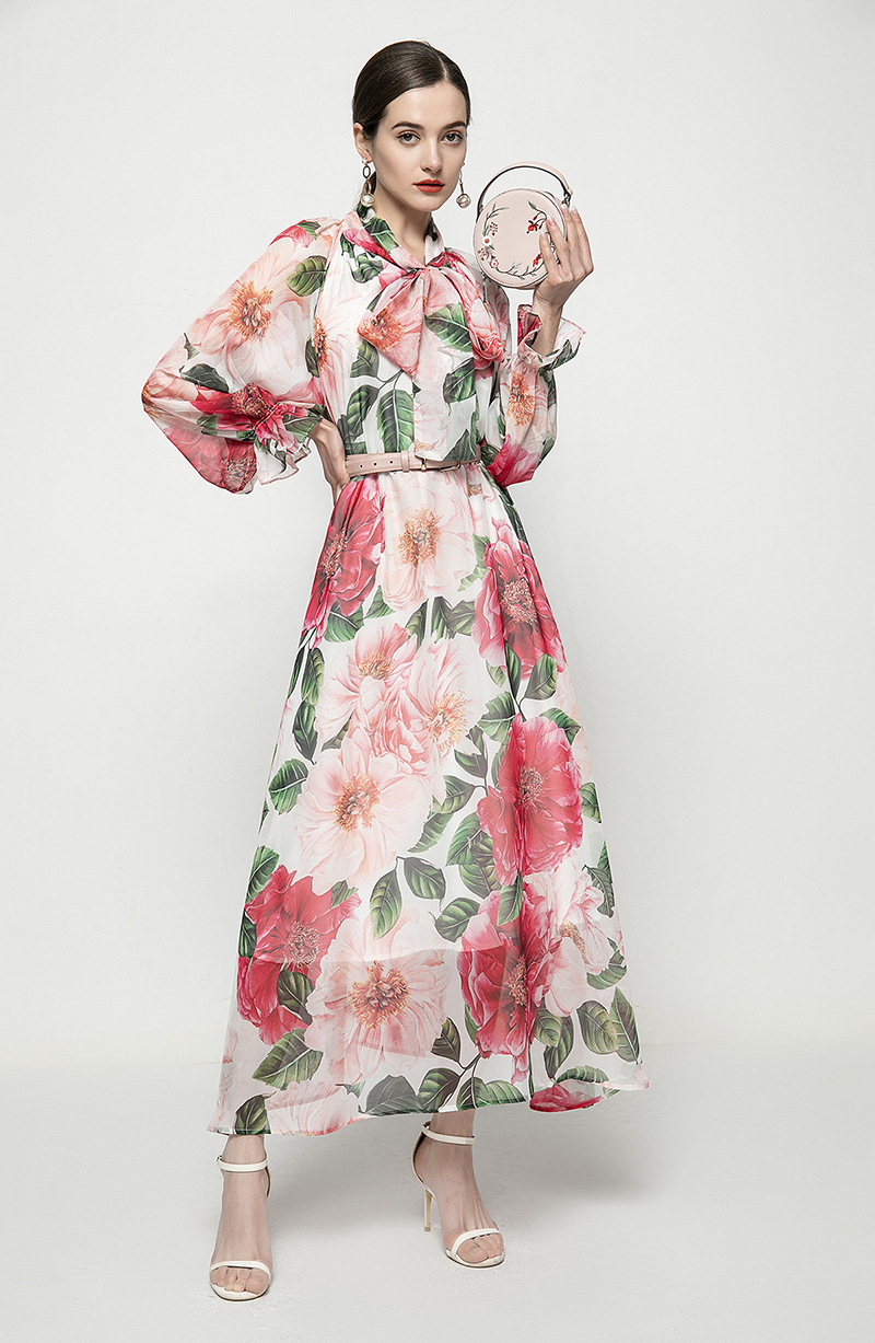 Women's Runway Dress Lace Up Bow Collar Floral Printed Fashion Casual Autumn Dresses Vestidos