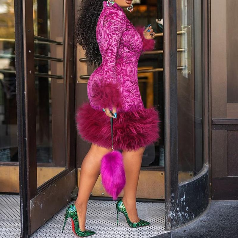 Casual Dresses Plus Size Feather Winter Fur Women Vintage Robe Bodycon African Fashion Print Long Sleeve Party Dress Mini Sexy Black