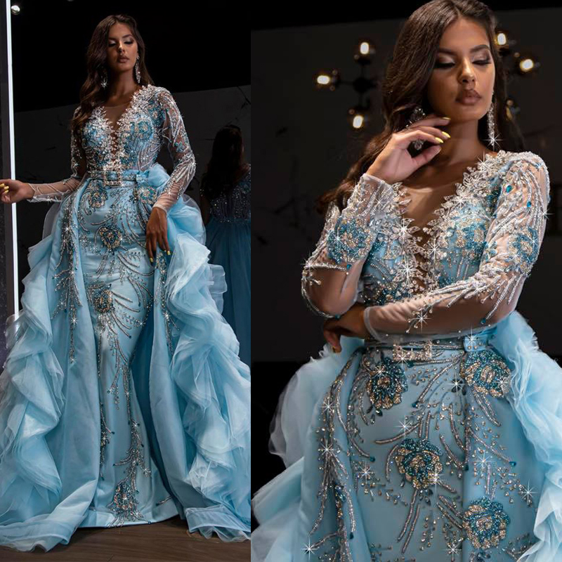 Luxury Beaded Mermaid Evening Dress With Puffy Detachable Train Vintage Applique Full Sleeves Crystal Evening Gowns
