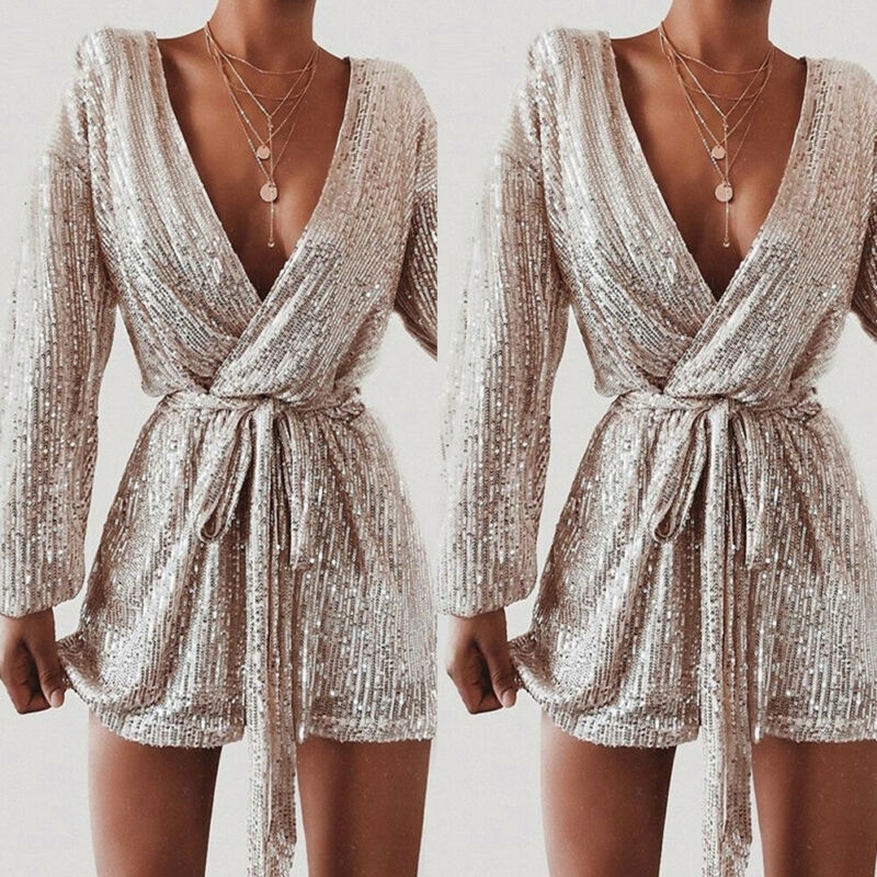 Hirigin Spring Summer Women Sexy Deep VNeck Long Sleeve Gold Sequins BlingBling Jumpsuit Playsuit Shorts Romper Trousers T200527
