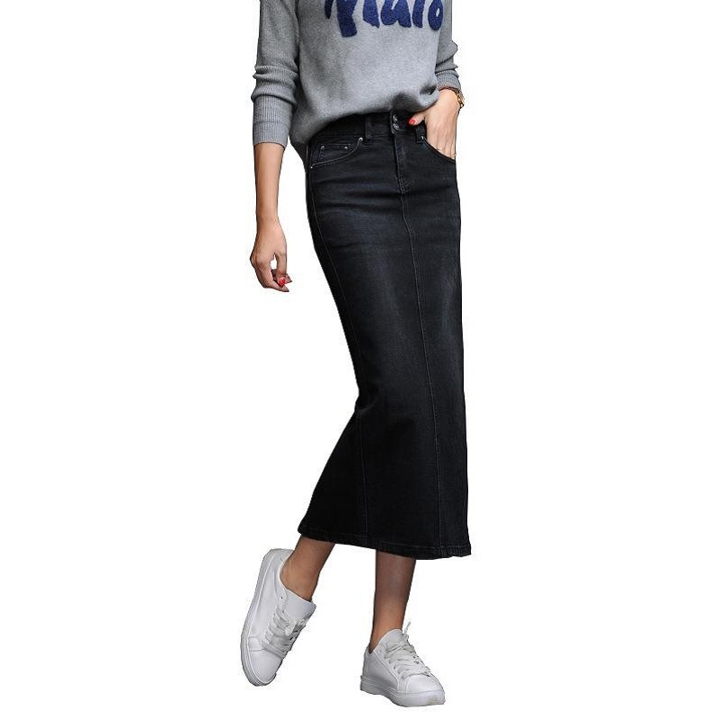 Lguc.H Classic Denim Skirt Woman Long Jeans Skirt Split High Waist Skirts Womens Women Skirt Washed Jupe Femme Black Blue 210306