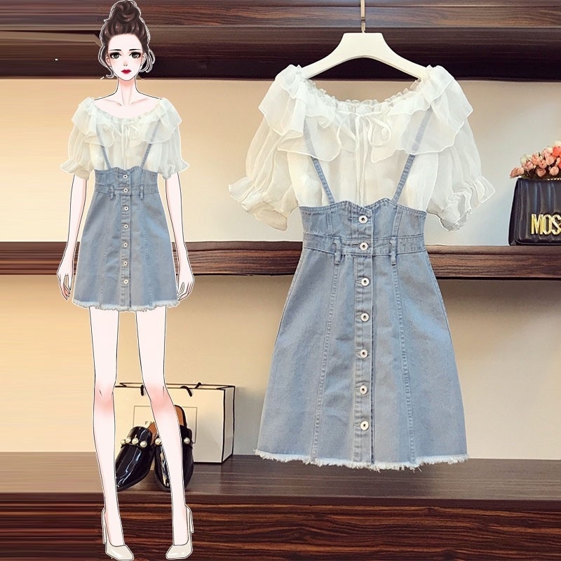 Retro Women Sweet Chiffon Ruffles Short Sleeve Shirt Tops + Sexy Sling Denim Single-Breasted Dress Two Piece Set 210526, Photo color
Retro Women Sweet Chiffon Ruffles Short Sleeve Shirt Tops + Sexy Sling Denim Single-Breasted Dress Two Piece Set 210526, Photo color