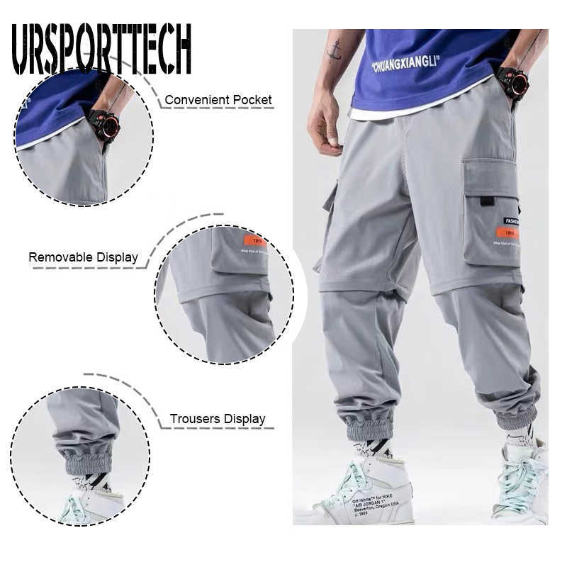 Korean Hip Hop Mens Jogger Pants Men Spring Casual Detachable Zip Short Pants Baggy Cargo Pants Men Streetwear 3 Colors 210528