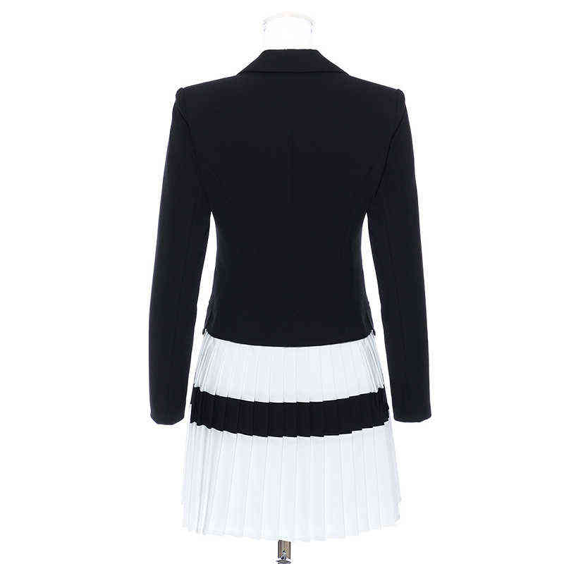[EAM] Women Black Contrast Color Pleated Blazer Lapel Long Sleeve Loose Fit Jacket Fashion Spring Autumn 1T306 211104