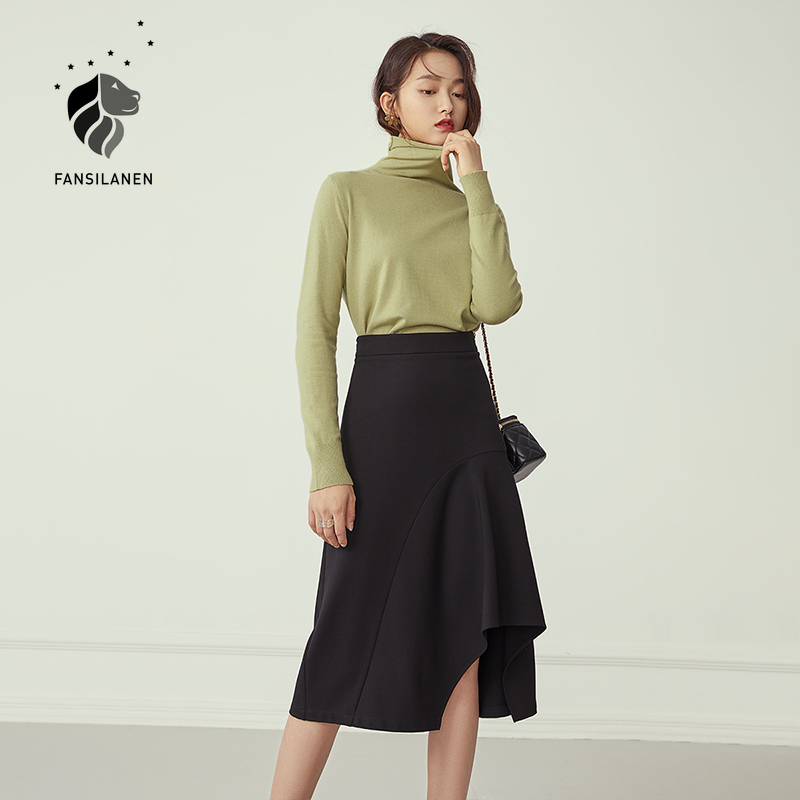 FANSILANEN Asymmetrical ruffle elegant black long skirt Women high waist autumn sexy a-line skirt Female slim vintage skirt 210309