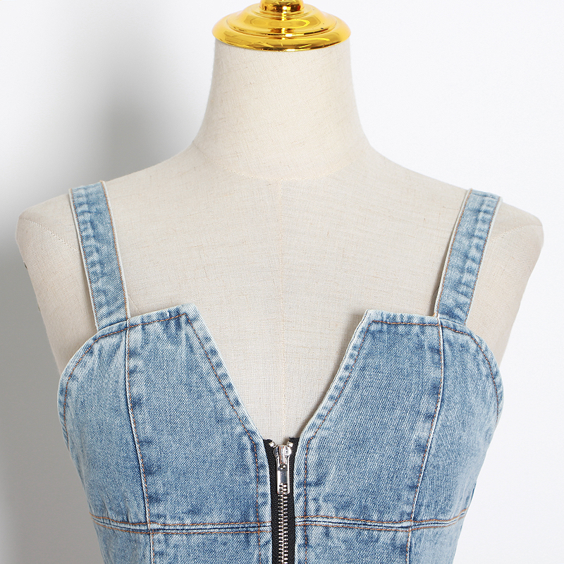 DEAT 2021 Sexy Patchwork Denim Women Tops Square Collar Sleeveless Spaghetti Strap Mesh Ruffles Hit Color Vests Female MK142 210308