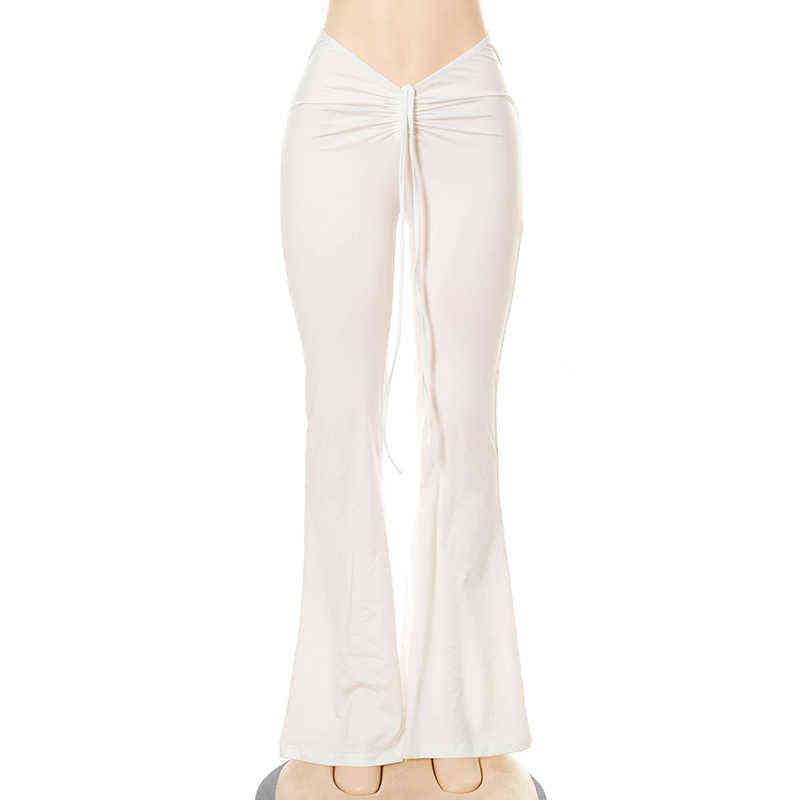 Women Slim Flare Pants Low Waist Drawstring Ruched Wide Leg White Trousers Fashion Summer Joggers Sweatpants 211112wtt