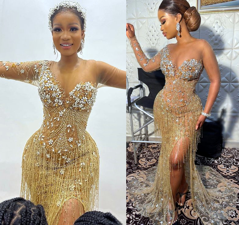 Plus Size Arabic Aso Ebi Gold Urious Mermaid Prom Dresses Beaded Crystals High Split Evening Formal Party Second Reception Gowns Dress ZJ 6660306