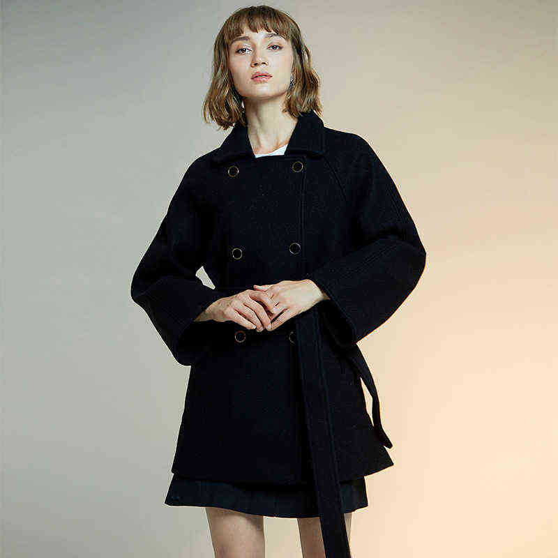 women's European and American style light mature pure color double row button woolen coat 211130